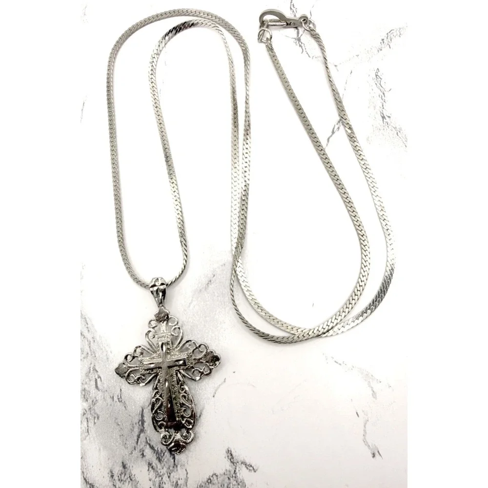 Silver Tone Filigree Cross Necklace 23
